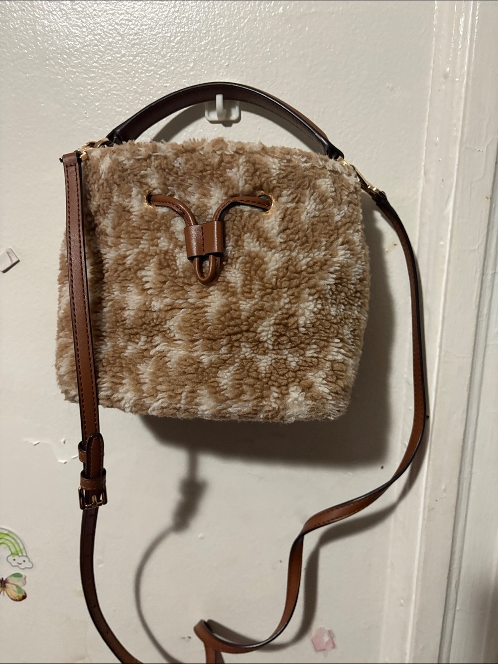 Michael Kors Plush Faux Shearling Crossbody Bag in Tan mini